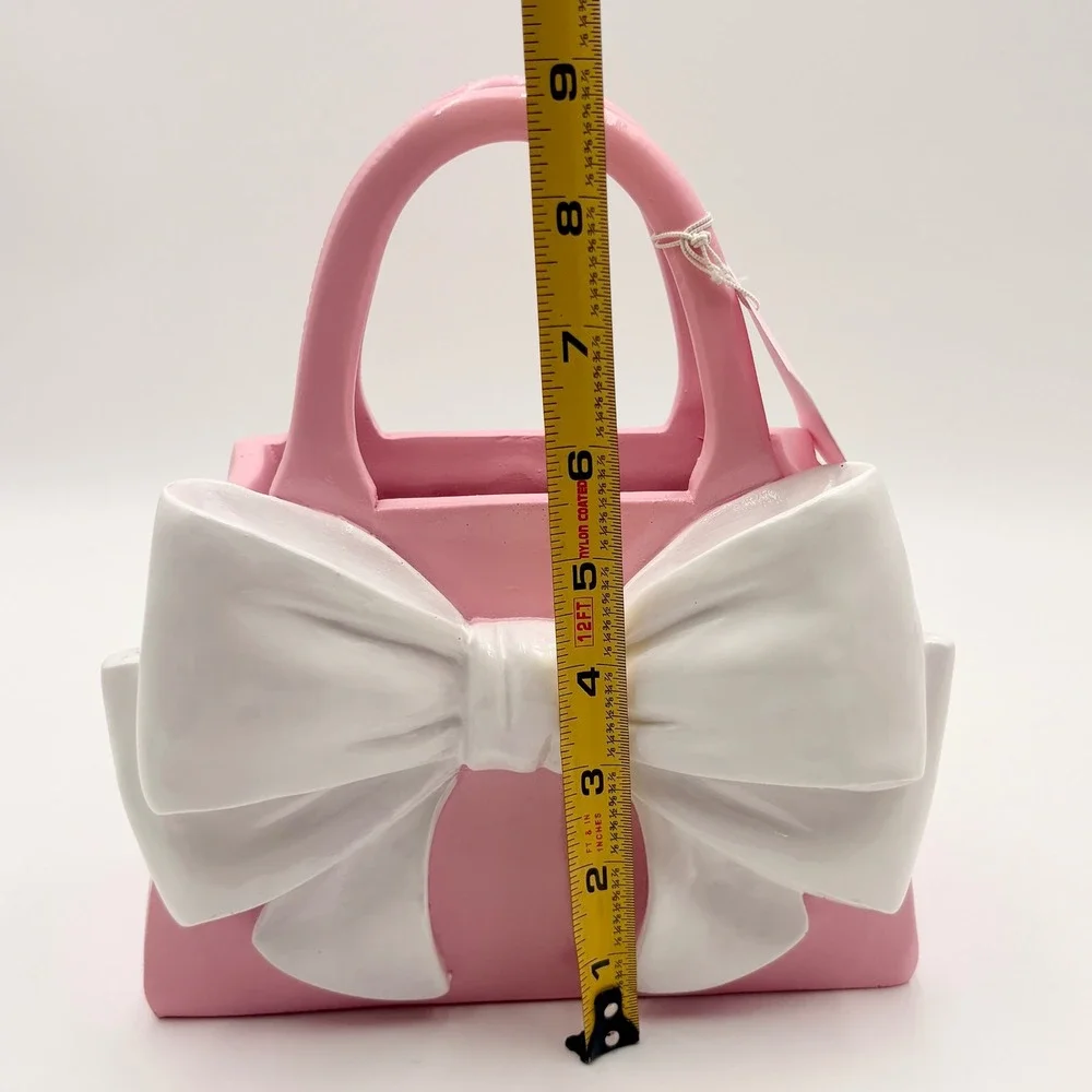 Pink Handbag Vase with Large White Bow Coquette Decor Purse Planter 8in